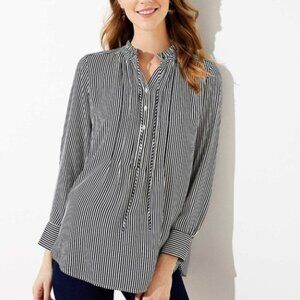 LOFT White & Navy Blue Vertical Striped Long Sleeve Pintuck Tunic Top Sz L NWOT